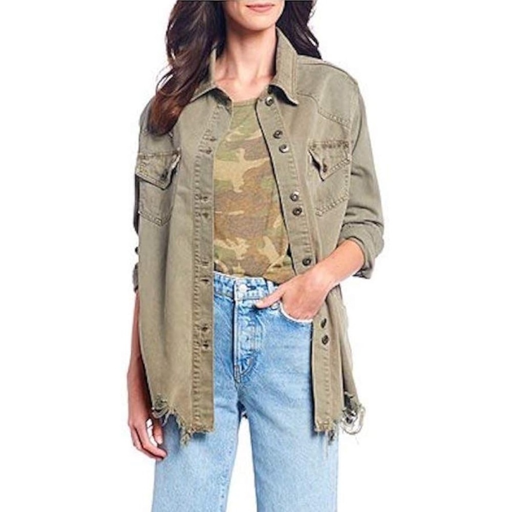 Free People Moonchild Utility Jacket Small Olive Green Distressed Shacket Boho
